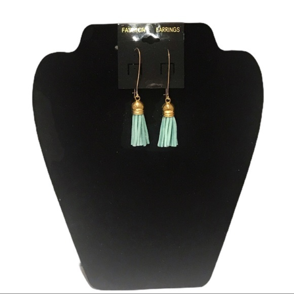 Handmade blue leather tassel brass hook earrings‎